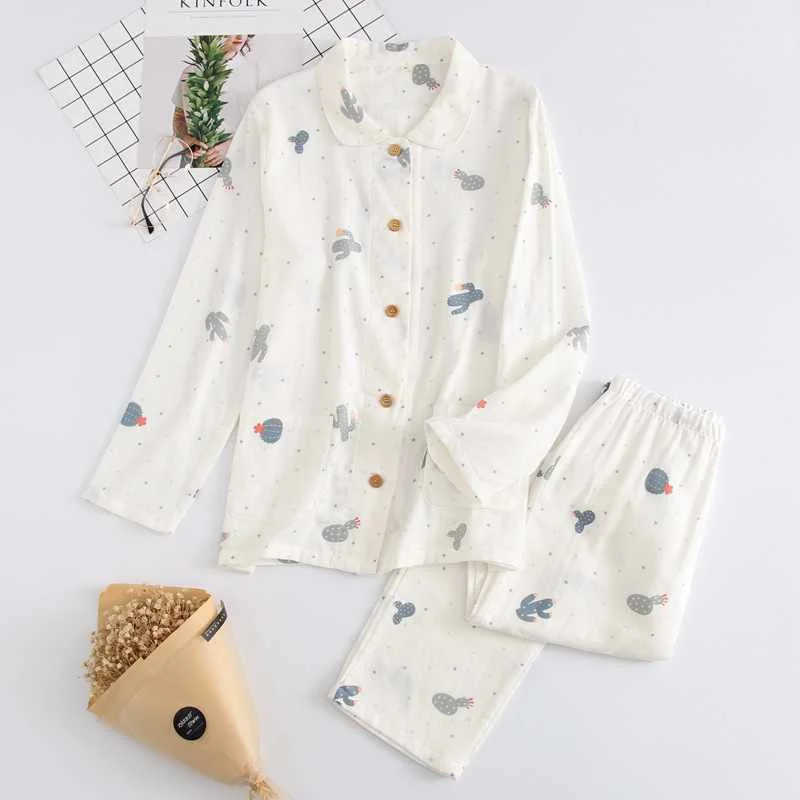 

Japanese new style ladies cotton double gauze sleepwear set cartoon cactus cute long-sleeved trousers two-piece home service wom, Required