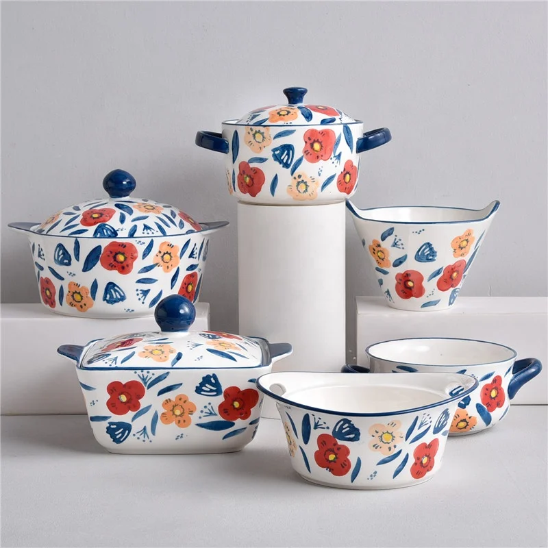 

Creative Childlike Hand Painted Ceramic Tableware Set American Thick Heat Resistant Porridge Soup Pot Bowl Plate Dish, Blue