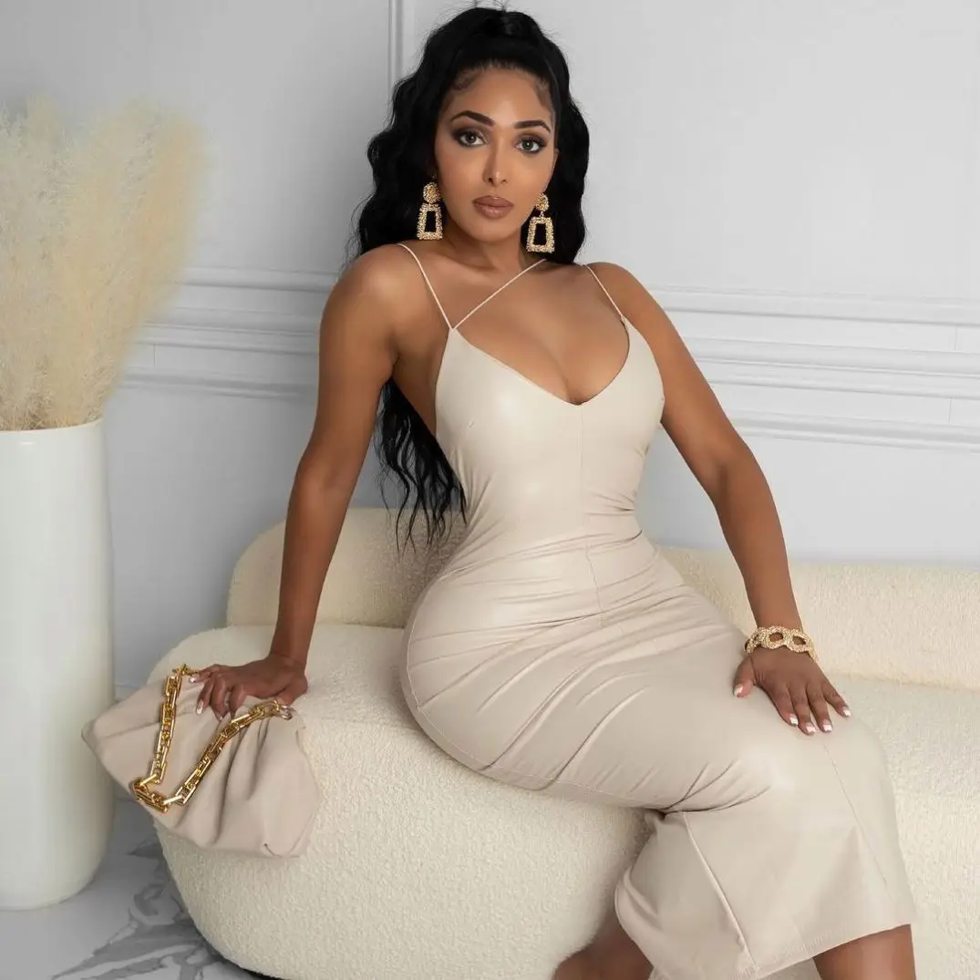 

FREE SAMPLE DeepV Neck spaghetti strap Long Midi Dress Split Leather Clubwear tights sheath Dresses summer dresses ladies women