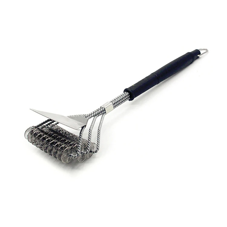 

New design 18 inch three-head spring brush anti-pinch basting stainless steel grill cleaning brush, Black