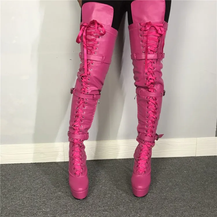 hot pink thigh high lace up boots