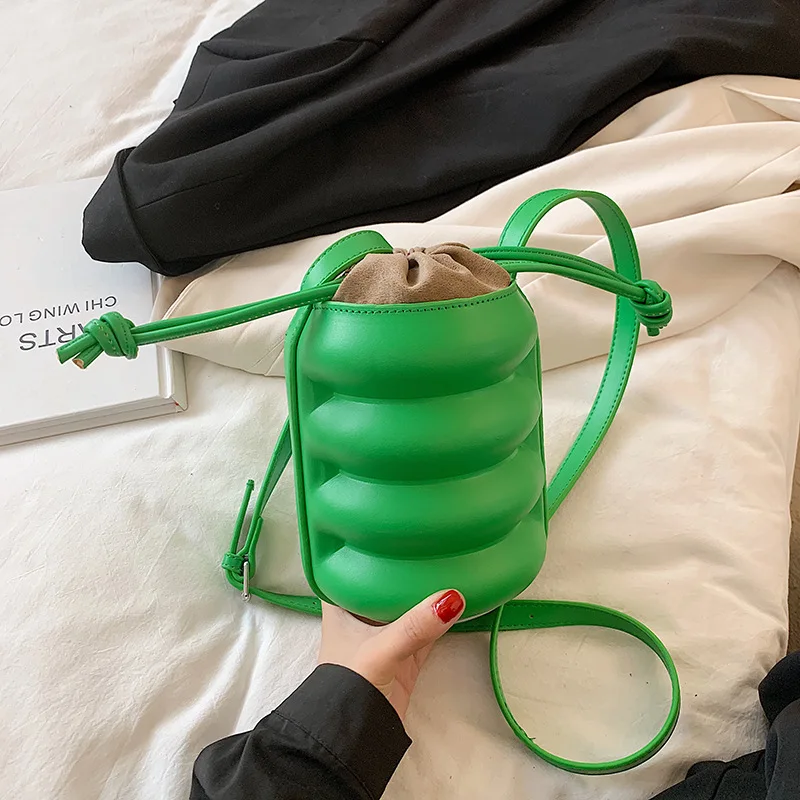 

New Arrival Ladies Solid Color Pu Leather Small Shoulder Bags Drawstring Bucket Bag, Black, white, green,brown
