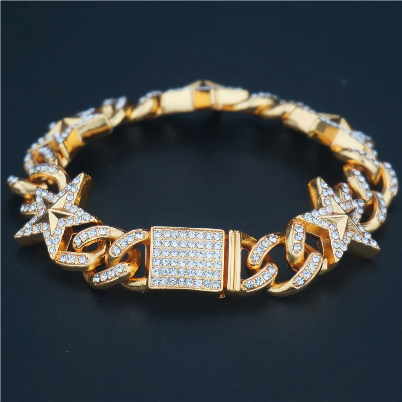 

Newest Diamond Cuban Link Bracelet Hand Bracelets Star Bracelet for Mens Jewelry 2021 Gold Out Rhinestone Ice for Men Bangles, As is or customized