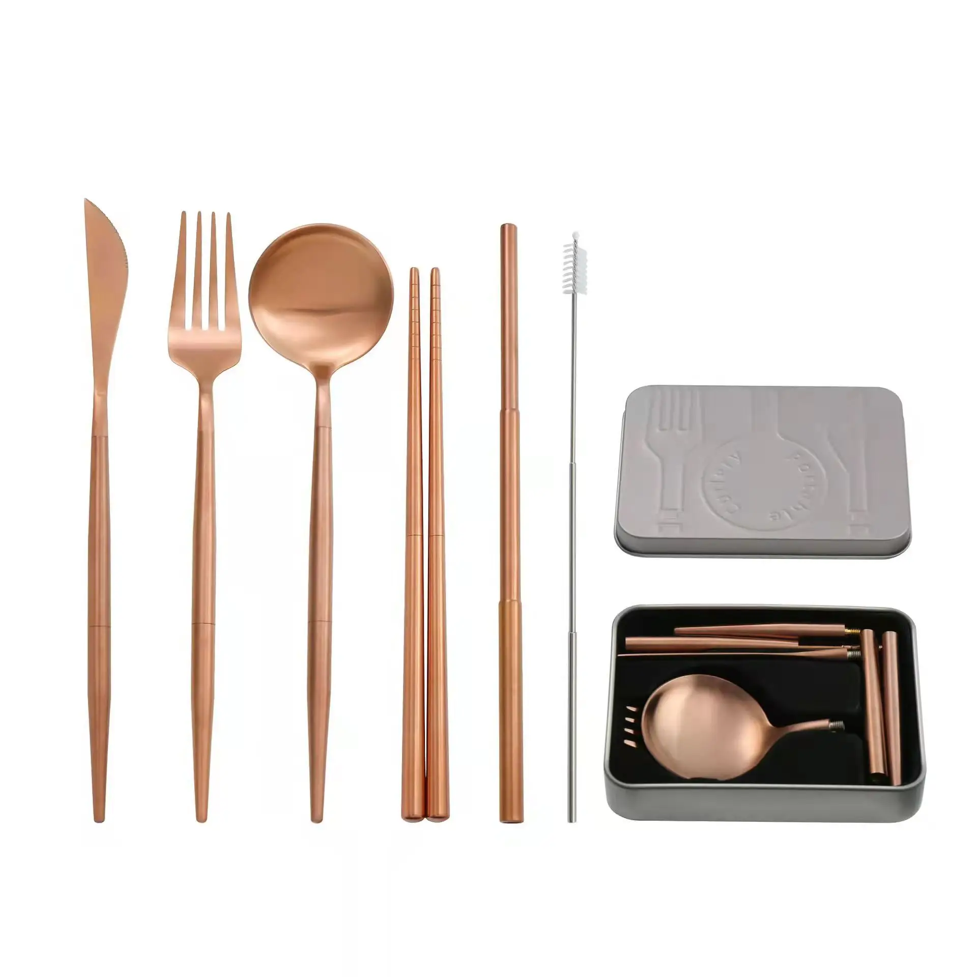 

Detachable Cutlery Set Foldable Folding Cutlery Set With Tin Case Picnic Camping Travel Tableware Set, Gold