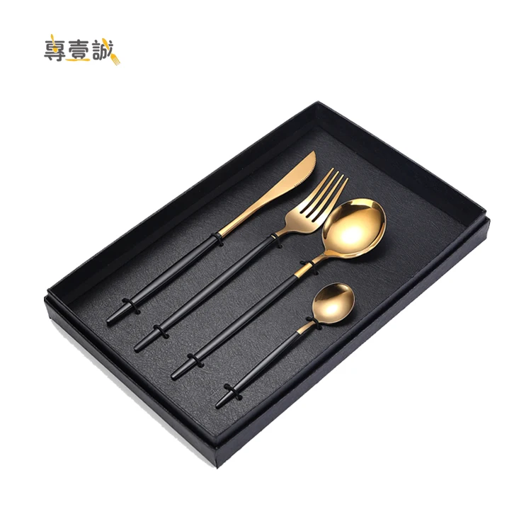 

Black Blue handle Stainless Steel Cutlery Set Metal Spoons Forks and Knives With Gift Box