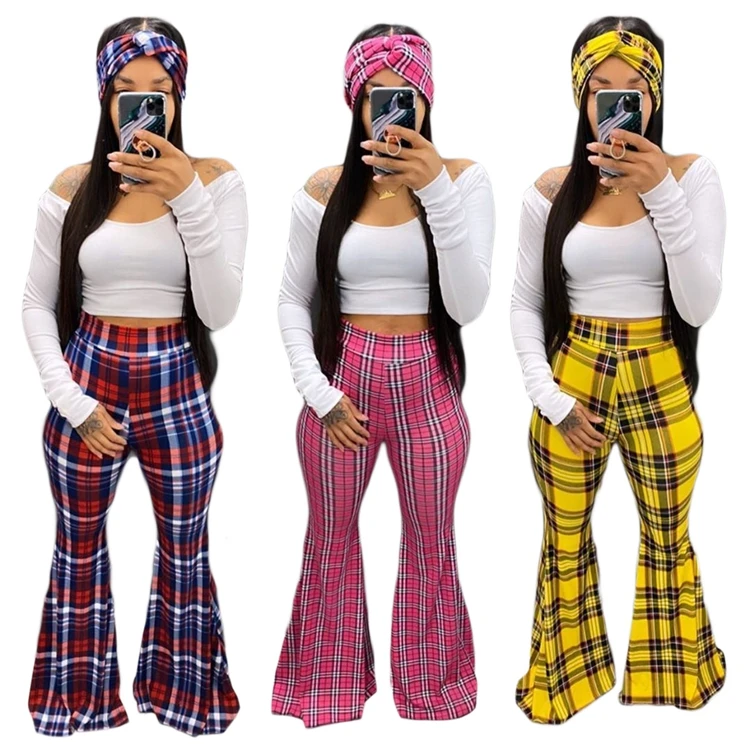 

MD-20120846 2020 matching women set high waist cotton knitted stripe plaid flare leg pants and women top scarf three piece set