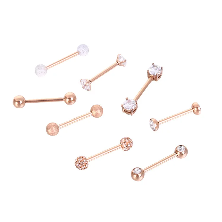 

Rose Gold Titanium Steel Diamond Inlaid Barbell Lip Tongue Ring Fashion Crystal Tongue Bar Chest Piercings Body Piercing Jewelry
