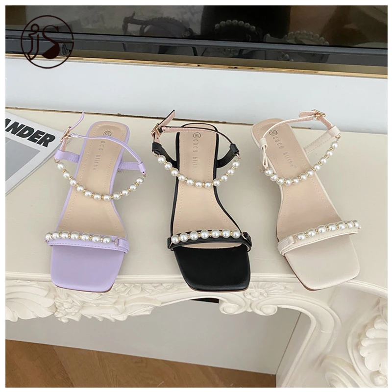 

The latest fashion women's sandal Pearl one-strap kitten heel sandal Customized women's pearl sandal The latest design, Picture
