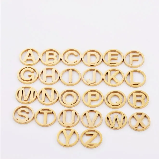 Stocked stainless steel no fade color metal individual round alphabet engraved charm