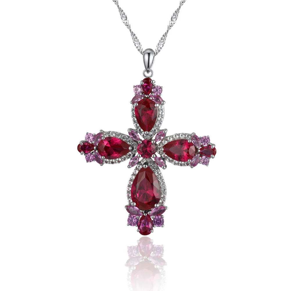 

Luxury red gemstone 925 sterling silver pendant Custom women fine jewelry Cross Necklace