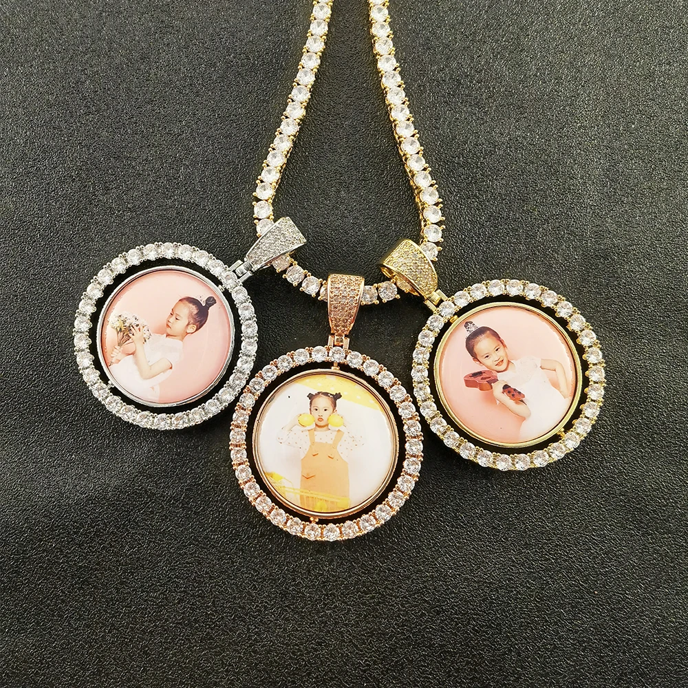 

Custom rotatable Round Gold Iced Out Pendants Hip Hop Necklace sublimation Photo Locket Picture Pendant with Rope chain