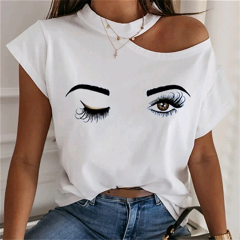 

Hot Sale Women Shirts Blouses Short Sleeve Tops Backless Hollow Out Ladies Shirt Eyes Print Loose Streetwear D0130-1, Picture