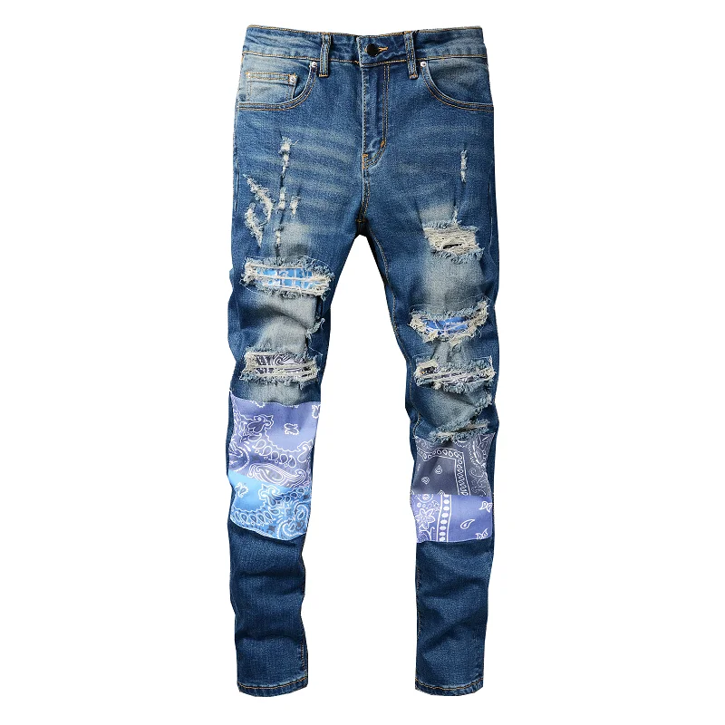 

Rts For Drop shipping 832 blue high street Scratch vintage stretch patch slim skinny men ripped denim jeans