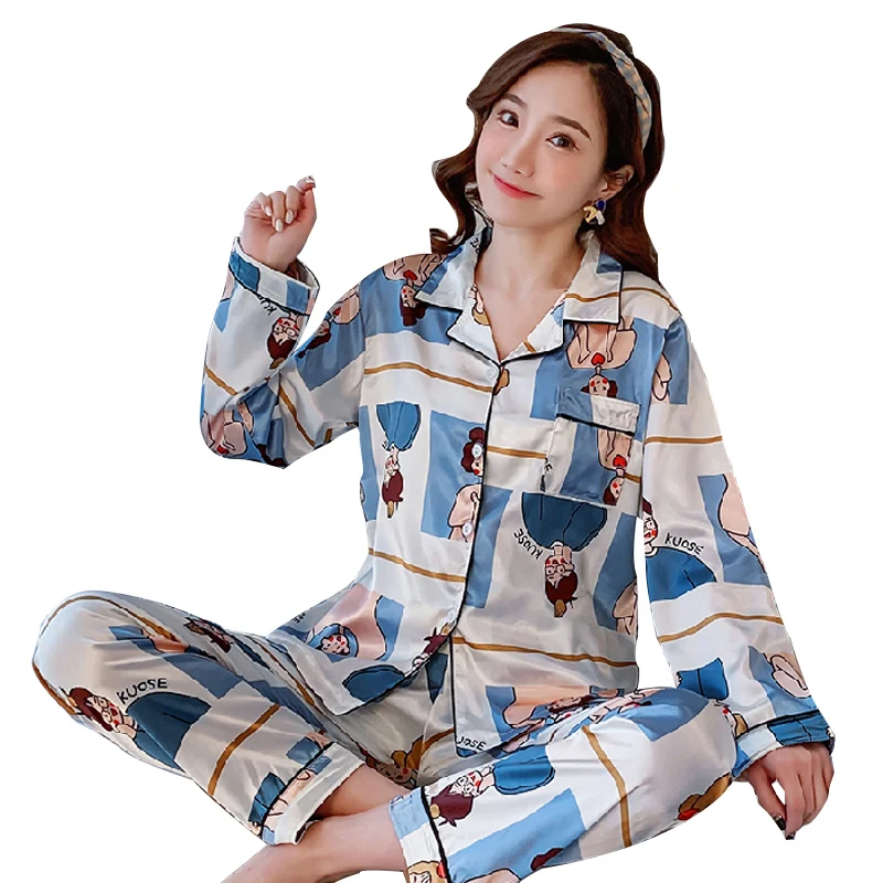 

Ladies' pajamas Spring and Autumn Ice Silk Long Sleeve Large Size 2021 New Student Silk Winter Two Home Suit