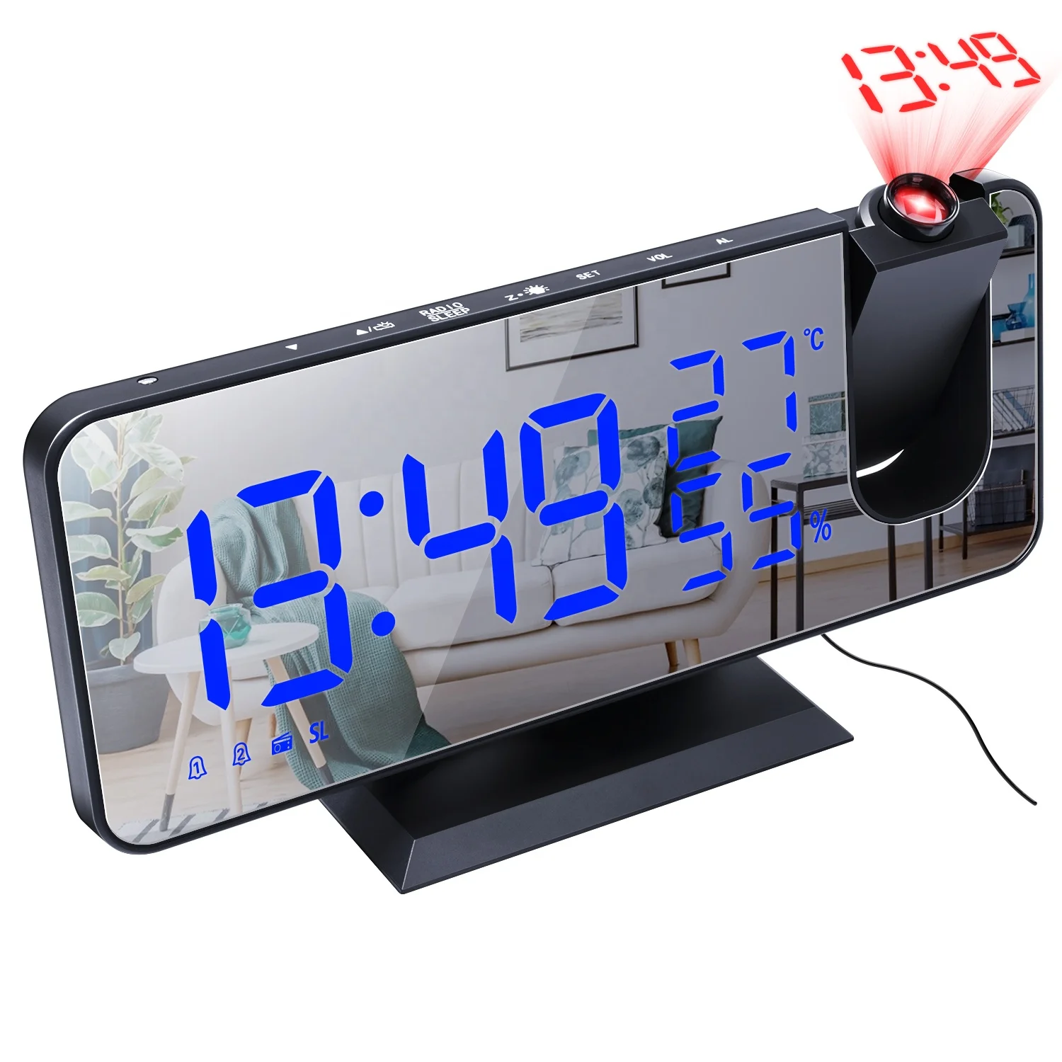 

2021 New Digital Projection Alarm Clock Wall Decoration Table Clocks With Radio Projector Thermometer Humidity Phone Charger, Any pantone color, led color, customized logo, package all available