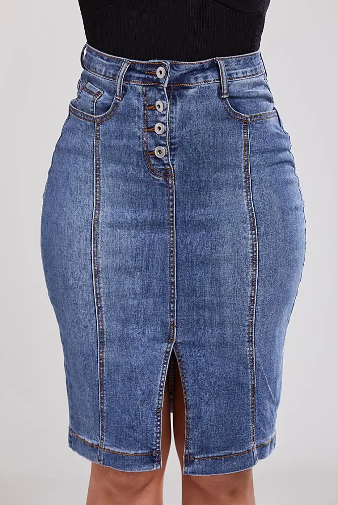 New Design Women Knee Length Skirt High Waist Split Bodycon Jeans Denim ...