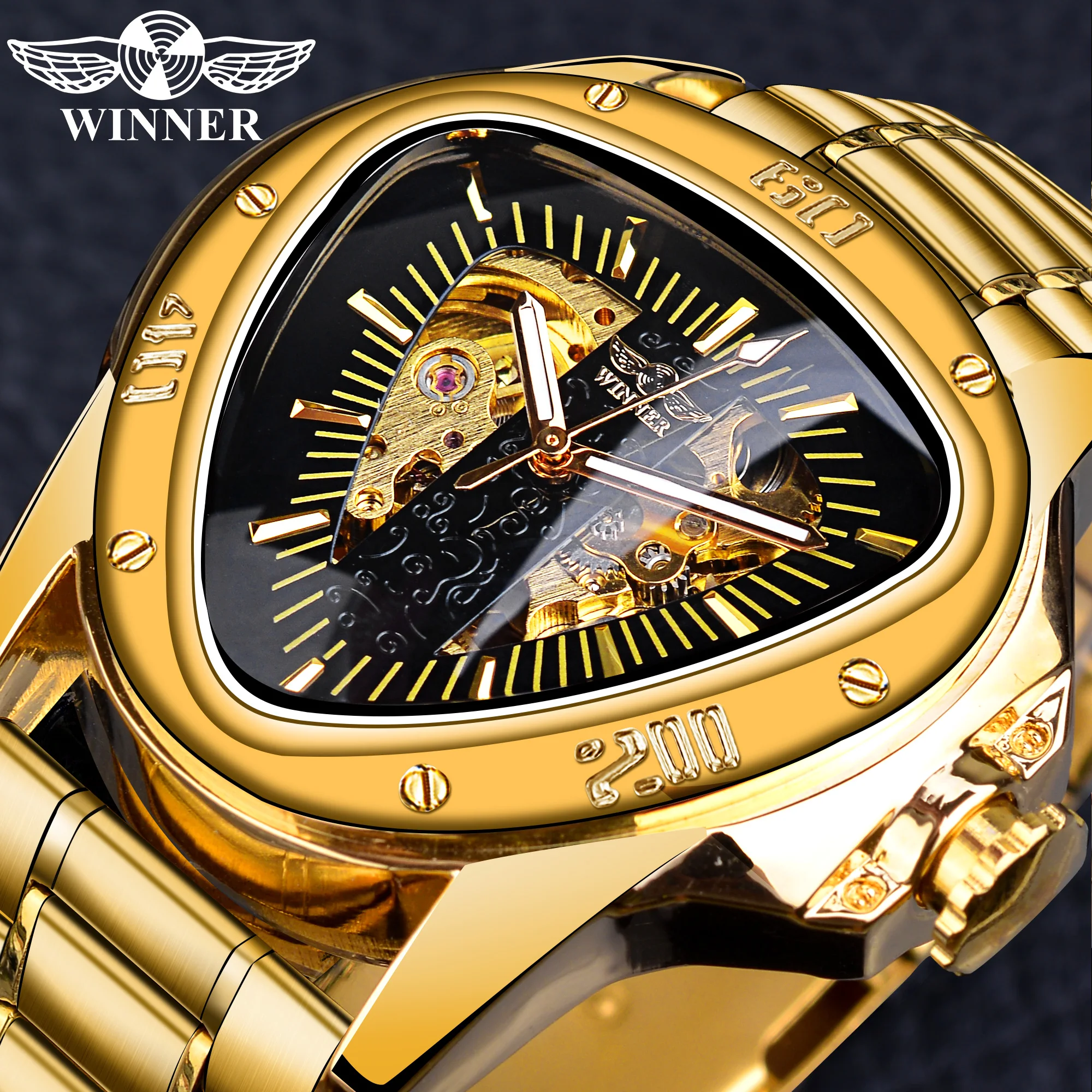 Winner  Mechanical Watch Triangle Men Automatic Irregular Golden Luxury Stainless Steel  Outdoor Watches