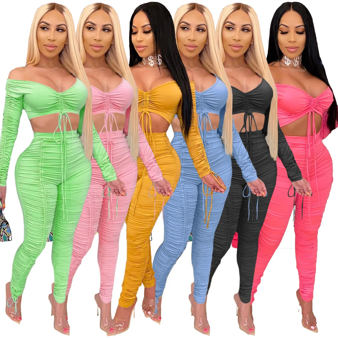 

2021 New Arrivals Fashion Women Off Shoulder Wrap Chest Drawstring Crop Pleated Stacked Leggings 2 Pieces Set Tracksuit, Picture show