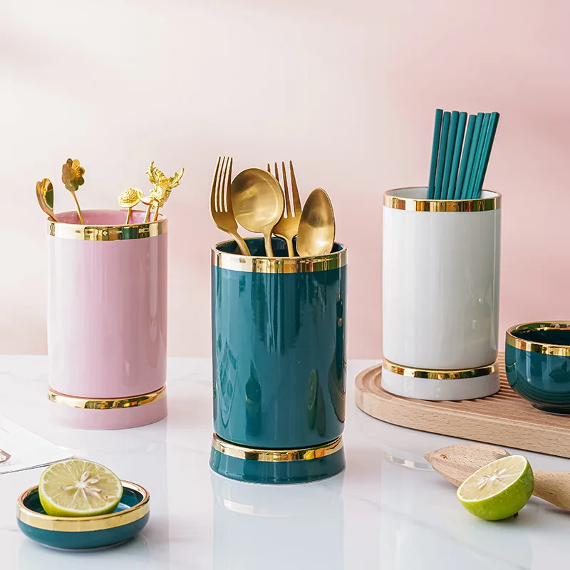 

Nordic golden trim ceramic chopsticks holder household mildew-proof chopsticks cage storage rack tableware draining bucket
