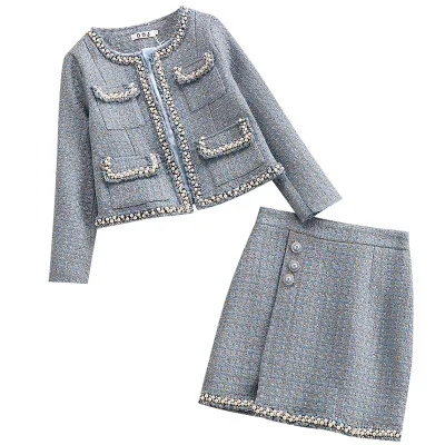 

New Goddess Short Skirt Womens Two Piece Tweed Skirt Set Tweed Jacket And Skirt, Customized colors