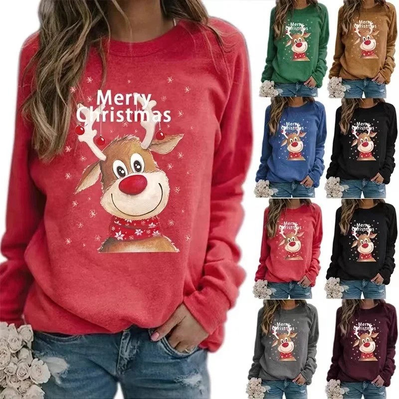 

Christmas printing round neck long sleeve casual lady oversized hoodie Snowman Pattern Jumper With Hood Directly for Christmas