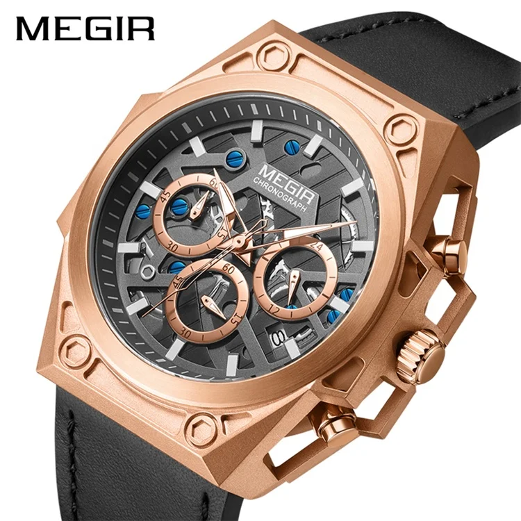 

JY-Mall Megir 4220 High Quality Quartz Watch SS case Leather band 5ATM Dial Calender Chronograph Sport Fashion Man wristwatch