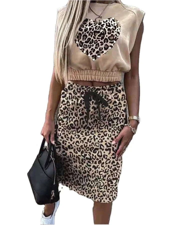 

Hot Sale Casual Sleeveless dress suit Leopard Print women's two pieces suit, As picture