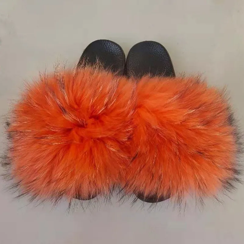 

New product red real racoon raccoon 2021 luxury fox furs slippers for women slides fur, Customized color