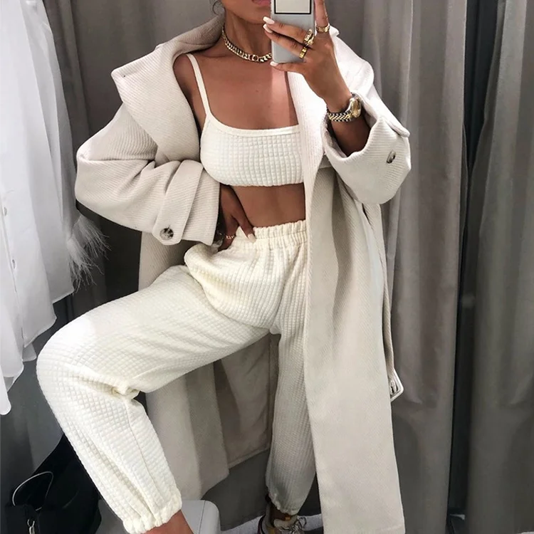 

Latest Casual Spaghetti Strap Tank Top Elastic Waist Pants Womens Sweat Suits Sportswear, Beige, white