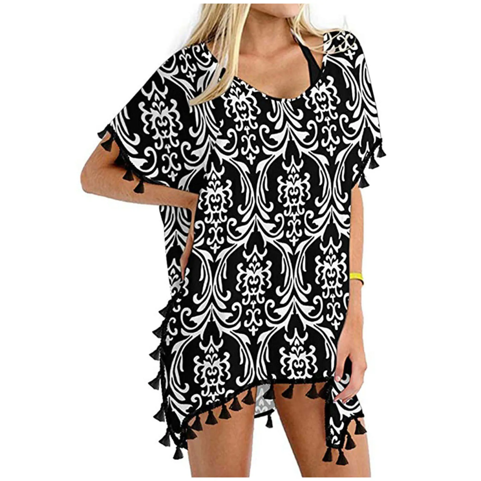 

Cover-ups Trim Kaftan Chiffon Tassels Swimwear Beach Dress Women Loose Bikini Cover Up Tops Loose Warp Kimono