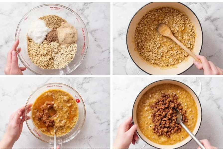 Step-by-step preparation of quaker oats cinnamon oatmeal showing measurements, cooking process, and final presentation with toppings