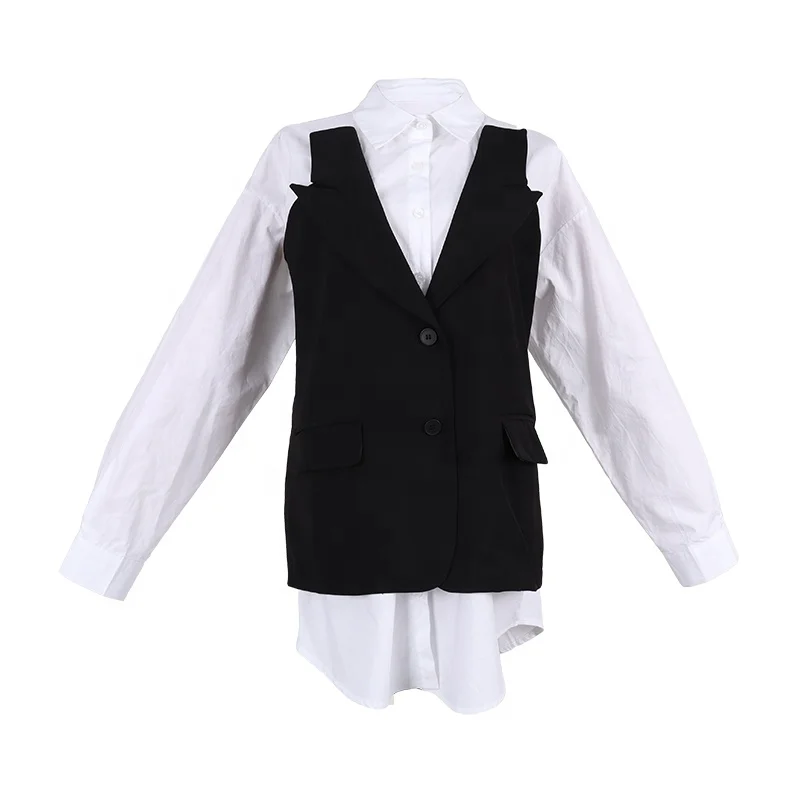 

Color contrast shirt women design sense small crowd false two-piece dark wind loose lining dress autumn winter dress