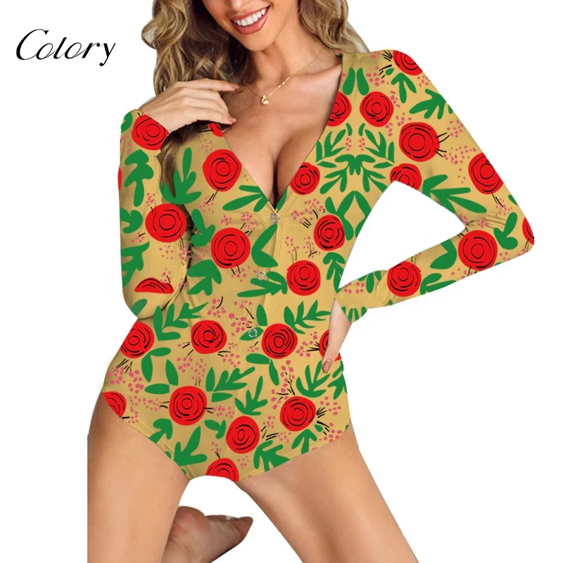 

Colory Fashion Sexy Bodycon Printed Pajamas Women's Sleepwear Valentines Day Onesie, Customized color