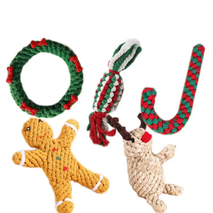 

Christmas Pet Rope Chew Toy Durable Dog Rope Toy Xmas Candy Cane Elk Cotton Rope Toy for Dog Puppy Outdoor Training