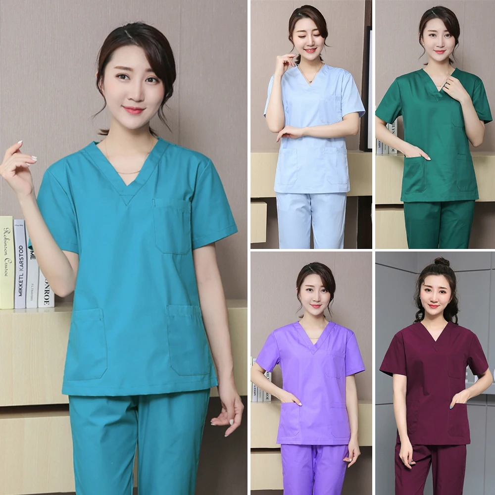 

Doctor nurse uniforms Hospital Surgery sets short sleeved Surgical suits dental clinic workwear nursing clothes scrub Tops+pants, Black white blue green purple pink red