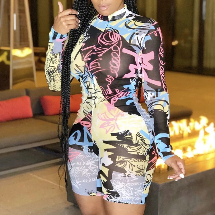 

2021 Summer New Arrivals Zipper Printing Graffiti Long Sleeve Rompers Womens Clothes Sexy Bodycon Short Romper And Jumpsuits, Cyan,pink
