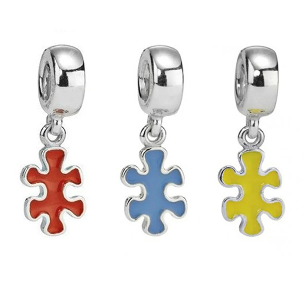 

2021 NEW 100% 925 Sterling Silver Enamel Puzzle Pieces Blue Red Yellow Pendant Charm Fit DIY Bracelet Necklace Jewelry Gift
