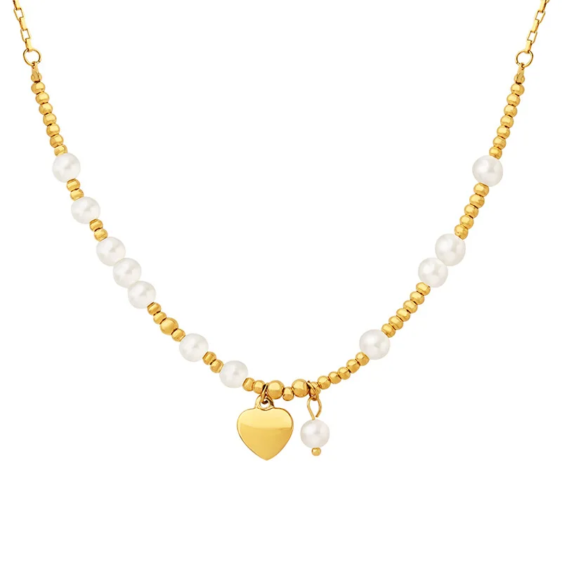 Stainless Steel Gold Plated Beads Chain Pearl Heart Pendant Necklace Titanium Steel PVD Imitation Pearl Heart Choker Necklace