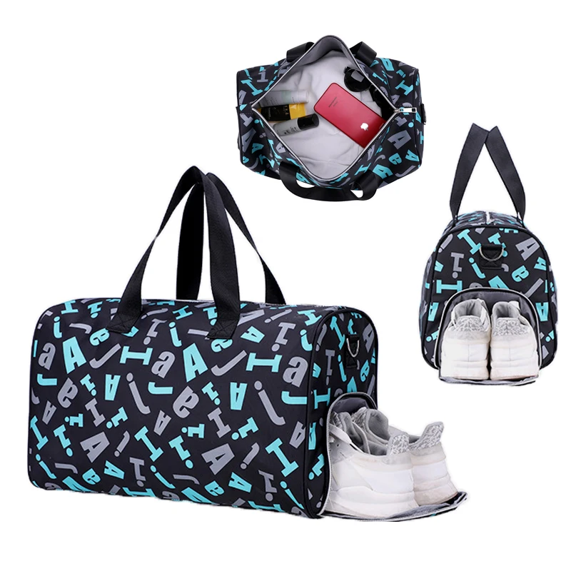 

TB065 Fashion nylon custom letter print shoulder tote gym duffle bags travel storage yoga bag with shoe pocket, Picture