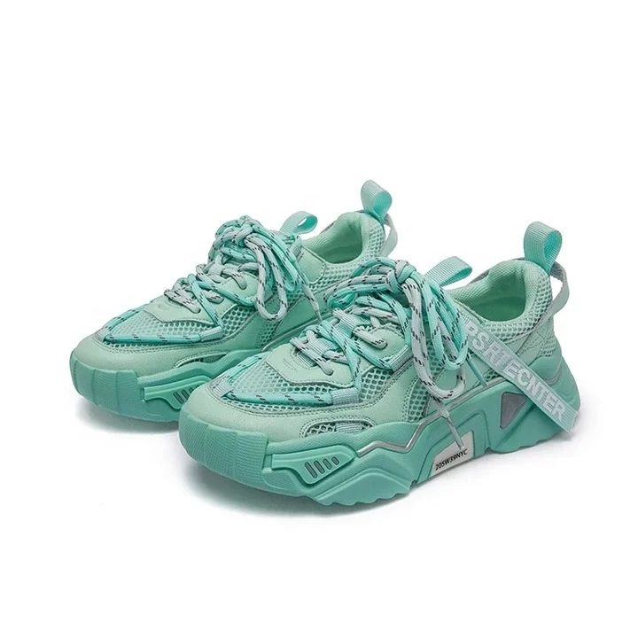 

2021 New Large Size Sports Single Shoes Women's Thick-soled Lace-up Solid Color Mesh Old Shoes Couple Shoes New Large Size Sport, White, green, orange