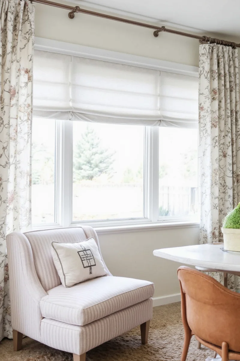 Lightweight curtains hung above a sliding door in a bright living room