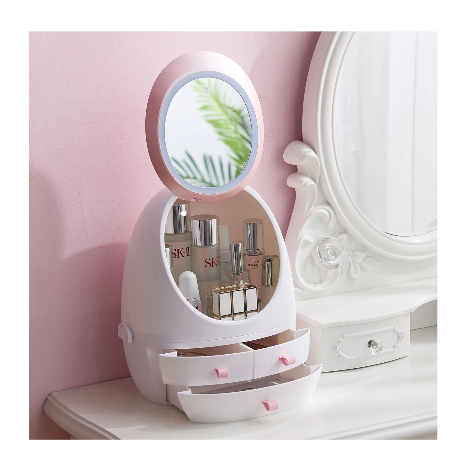 

JX- Dressing Table Makeup Box with mirror Creative Desktop Skincare Beauty Cosmetic Organizer with LED light & USB charging port, White pink,green