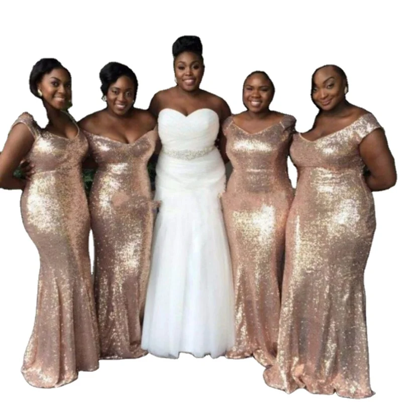 

DB019 Gold Sequin Bridesmaid Dresses Long Mermaid 2020 New Sexy V Neck Long Customized Size Wedding Party Gowns Plus Size