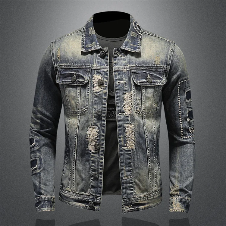 

New Arrival Spring Autumn Heavy Industry Trendy Mens Vintage Cropped Ripped Denim Jean Jacket