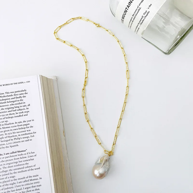

Paperclip Necklaces Luxury Rectangle Personalized Baroque Pearl Sterling Silver 18K Gold Women Pendant Necklaces