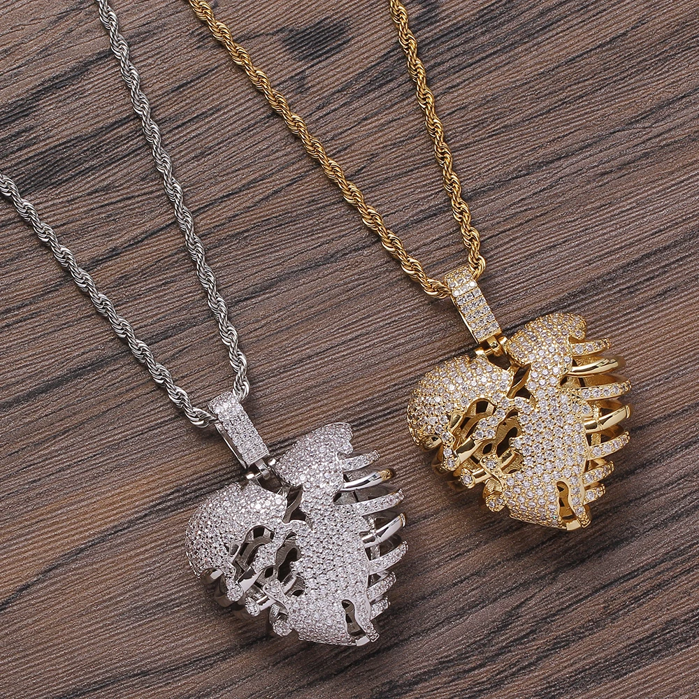 

CN145 Iced Brass CZ Heart Broken Pendants&Necklace Hip Hop Jewelry Party Gift