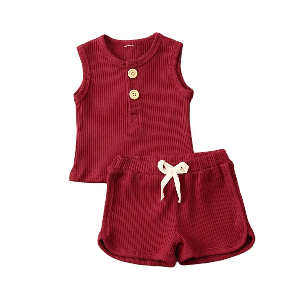 

With buttons infants summer shirts and shorts baby girls' and boy's cotton rompers toddlers clothing sets with solid color, As picture