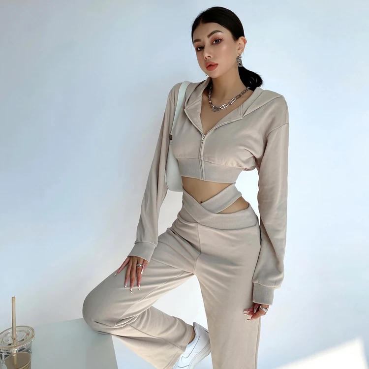 

New Arrival Trending Long Sleeve Crop Zipper Hoodie Set Original Fashion Crop Top Hoodie and Jogger Set, Customized color