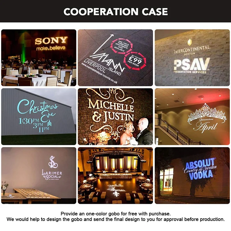 
15W LED Custom Image GOBO Logo Projector Light with Static Function Manual Zoom Focus Customized Gobos for Indoor Use 
