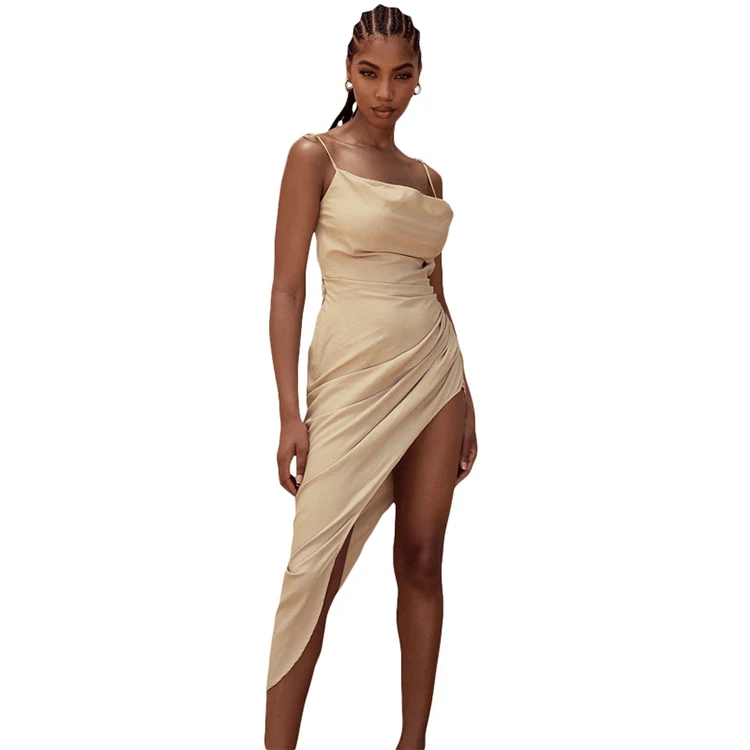 

Popular products 2021 sexy ladies clothing summer solid color sling asymmetric sexy dresses